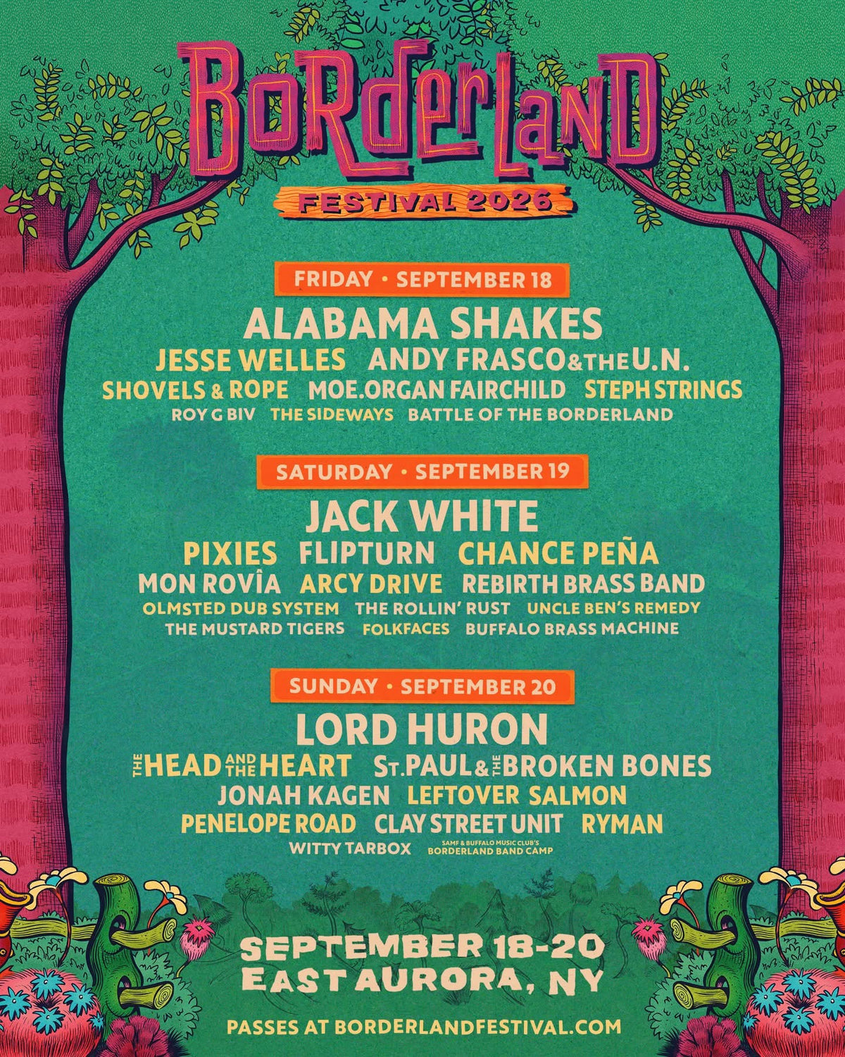 Borderland Festival 2026 poster — September 18-20 in East Aurora, NY, featuring The Rollin' Rust alongside Jack White, Pixies, Alabama Shakes, and Lord Huron.
