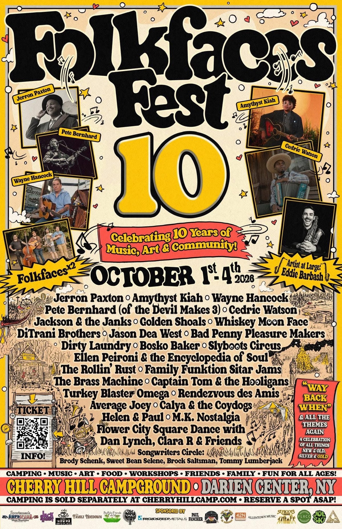 Folkfaces Fest 10 poster — October 1-4, 2026 at Cherry Hill Campground, Darien Center, NY, featuring The Rollin' Rust, Jerron Paxton, Amythyst Kiah, Wayne Hancock, and more.