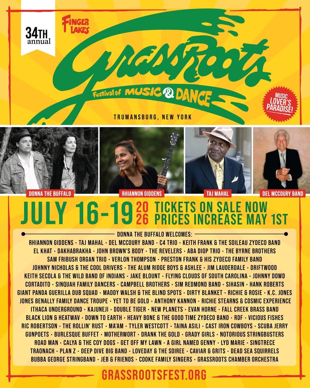 34th annual Finger Lakes GrassRoots Festival of Music & Dance poster — July 16-19, 2026 in Trumansburg, NY, featuring The Rollin' Rust, Donna the Buffalo, Rhiannon Giddens, and Taj Mahal.