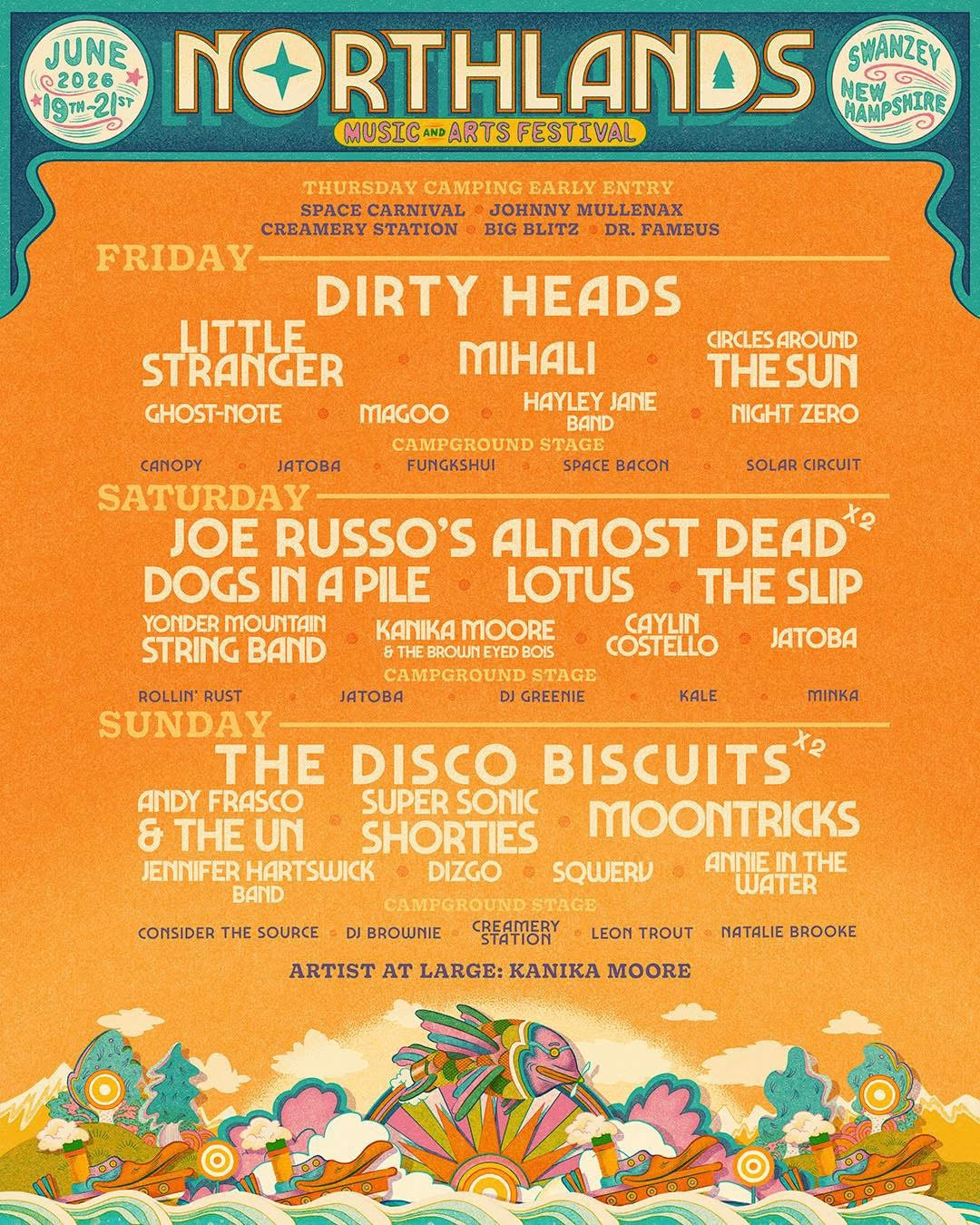 Northlands Music and Arts Festival poster — June 19-21, 2026 in Swanzey, NH, featuring The Rollin' Rust on the Campground Stage alongside Dirty Heads and Joe Russo's Almost Dead.