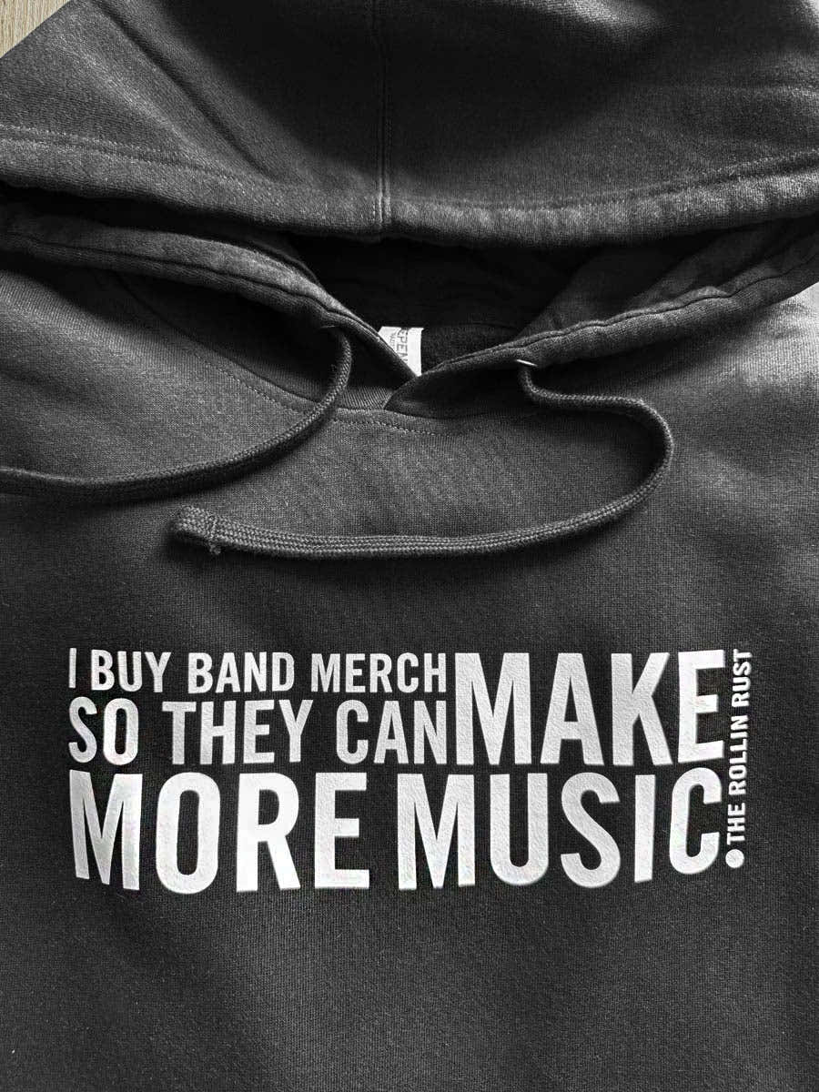 Make More Music hoodie in black, close-up