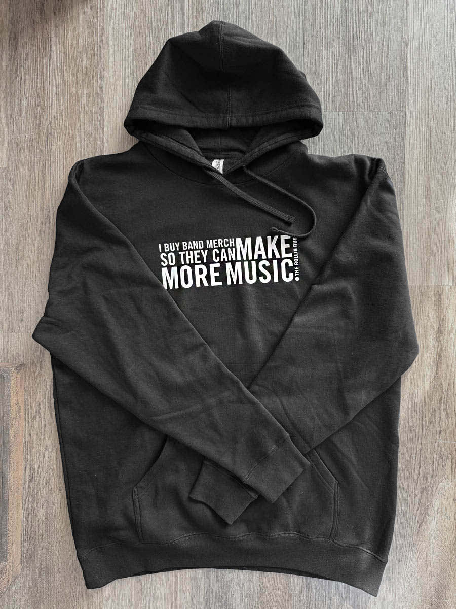 Make More Music hoodie in black, laid flat